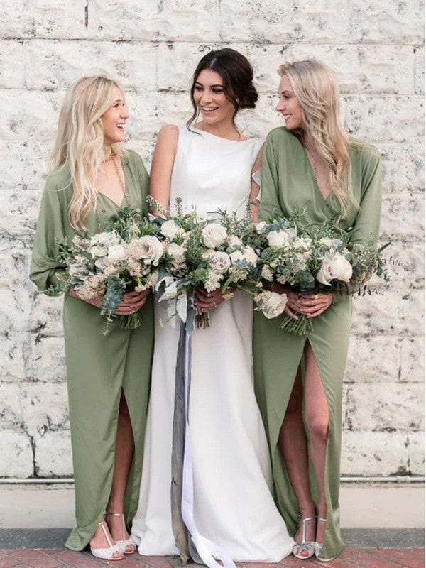 Wholesale Sheath/Column NS Elastic Woven Satin Ruched V-neck Long Sleeves Floor-Length Bridesmaid Dresses